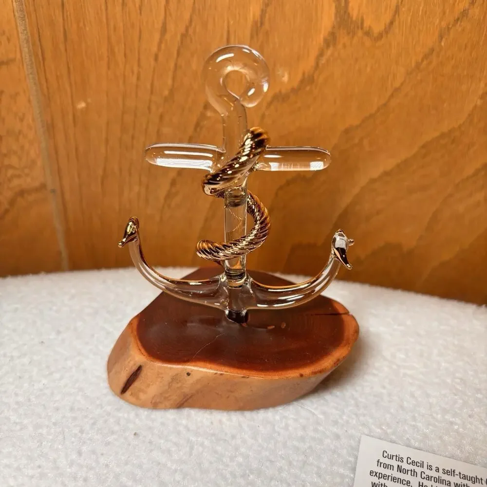 Cecil Art Glass Anchor Sculpture Wood Base Nautical Handmade Blown Glass 4 Inch